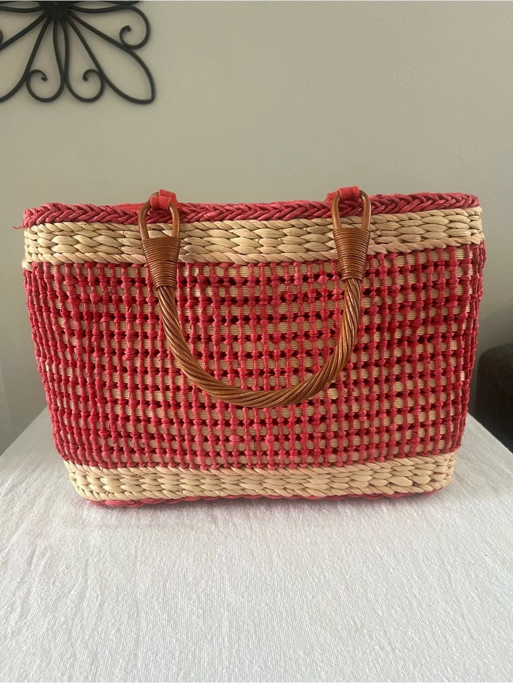 Vintage The Sak Original Pink & Natural Woven Straw Tote Beach Market Bag - Picture 3 of 8